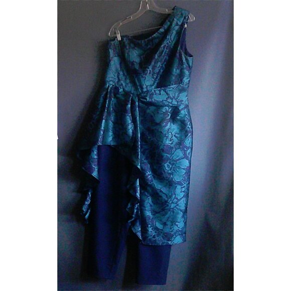 Kay Unger One Shoulder Navy Aqua Floral Walk Thru Jumpsuit Dress 14 - Picture 3 of 12